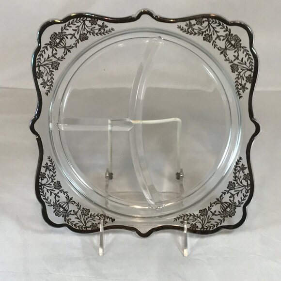 Vintage Silver Overlay Square Glass 3-Section Divided 10" Dish - Picture 2 of 9
